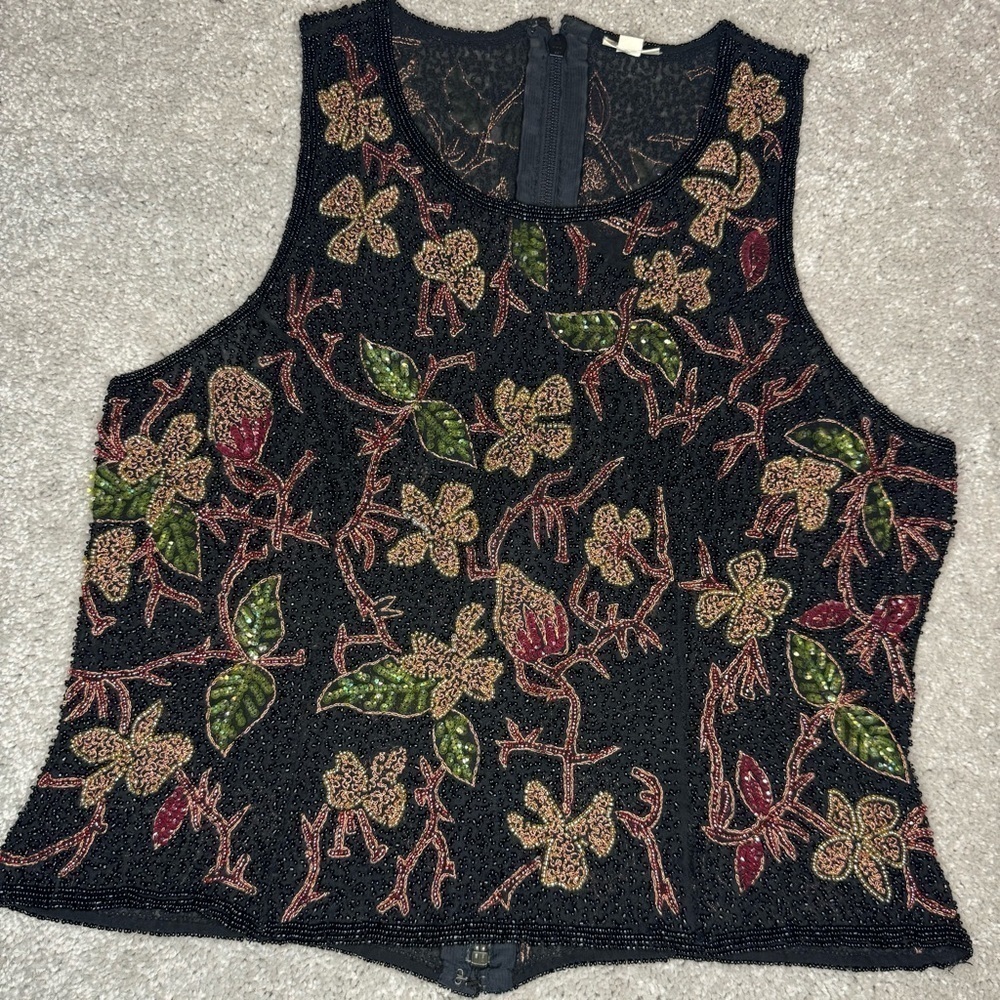 Vintage 90’s Floral Beaded Sequin Embellished Silk Sleeveless Blouse Top Sz L
